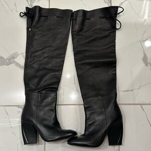 Maria Brotons Black Leather Over The Knee Tall Wedge Boots,